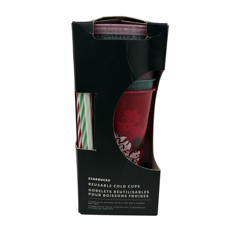 2022 Starbucks Christmas Holiday Glitter Reusable Cold Cups Straws 5 Pack NIB